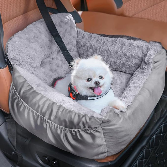 Small Dog Car Seat - Washable Pet Booster Seat with Clip-On Safety Leash, Comfy Plush Carseat with Pockets, Puppy Travel Carrier Bed for Dogs Under 25 lbs, Light Grey