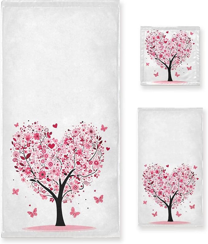 Pfrewn Pink Flowers Heart Tree Towels Set of 3 Romantic Love Spring Trees Butterfly Bathroom Towel Soft Absorbent Bath Hand Towels Washcloth Guest Towel Sets Mother's Valentine's Day Decorations