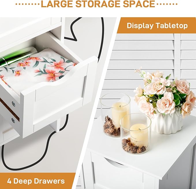 Bonnlo Bathroom Storage Cabinet Skinny Wooden Side Bathroom with 4 Drawers Small Free Standing Floor Cabinet White Slim 12 Inch Wide Organizer for Bedroom Living Room, 12 Inch Deep Narrow Organizer