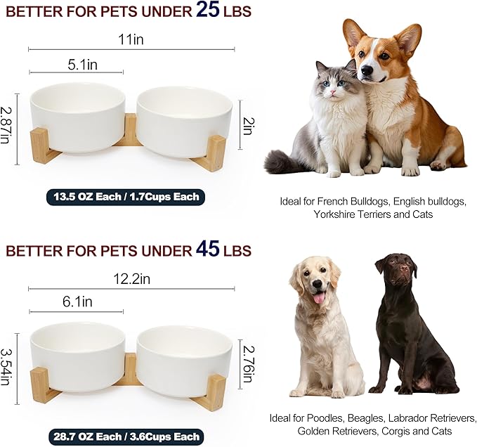 Dog Food Bowl, 13.5 oz Ceramic Modern Design, Dog Water and Food Bowl with Wood Stand, for Puppy & Cat, Non-Slip Feeding Station with Weighted Base, White