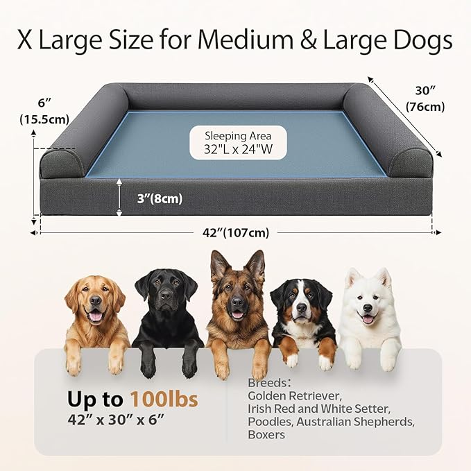 Sytopia 42" Orthopedic Dog Bed for Large Dogs, Waterproof Egg Crate Foam XL Pet Bed with Removable Washable Cover, Non-Slip Bottom, Supports up to 100 lbs for Senior Pets, Dark Gray