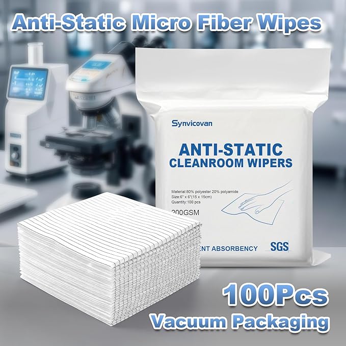 Anti-Static Microfiber Wipes 6"x6"(100 Pcs,Class 100, 200GSM) Lint Free Cloths Reusable Special ESD Protection Design is Suitable for Protecting Sensitive Electronic Components and Tools