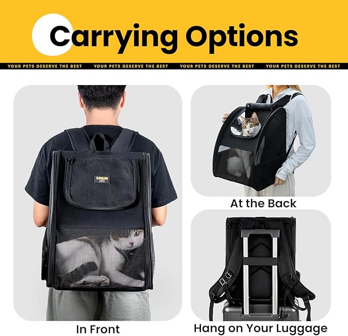 Cat Backpack Carrier for Small Dogs and Cats Fit Up to 15 Lbs,Small Dog Backpack, Expandable & Foldable with 3-Side Mesh Windows, Pet Carrier for Travel & Hiking Friendly，Black