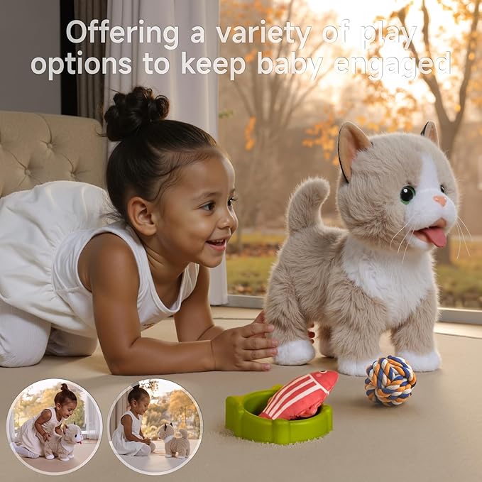TUMAMA Walking Talking Cat Set Interactive Talking Cat, Interactive Electronic Cat Plush Toy with Leash, Wag Tail, Meows, Pretend Dress Up Realistic Stuffed Cat Age 3 4 5+ Years Old Best Gift