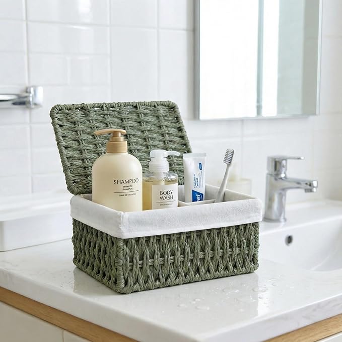 Woven Storage Baskets with Lids, Set of 3, Green Paper Rope Wicker Bins, Stackable Shelf Organizer Boxes for Bathroom Closet Nursery
