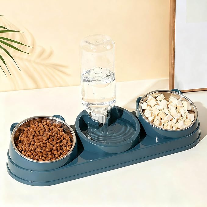 Elevated Cat Bowl Set, 15° Raised Cat Food and Water Bowl with Dispenser, Pet Dishes for Indoor Cats, Small Medium Dogs & Rabbit Feeding, Anti-Vomiting, Slow Feeder (Blue)