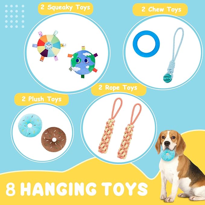 Puppy Play Gym with 8 Hanging Toys, Indoor Puppy Jungle Gym with Interactive Dog Enrichment Toys.PVC Frame with Small Dogs Hammock Enrichment Activity Center