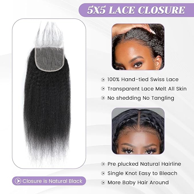Selina Hair 5x5 Lace Closure Human Hair Kinky Straight Free Part Yaki Brazilian Virgin Hair Natural Black Color 18 Inch