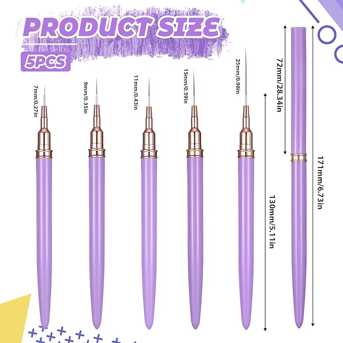 5PCS Nail Liner Brushes, Metallic Nail Art Brushes Set, Superfine Liner Brush Kit for Gel Polish, Detail Painting and Drawing, Professional Nails Salon Tools