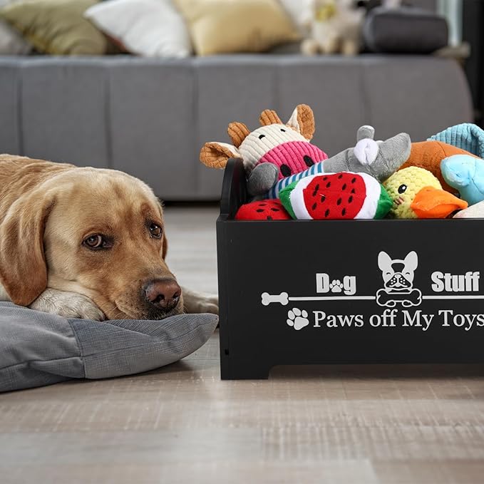 Marsui Wooden Dog Toy Bin Basket with Handle Large Dog Stuff Storage Box Cute Pet Stuff Organizer for Chew, Blankets, Leashes, Food Gift for Living Room Area(Black,13.78 Inch)