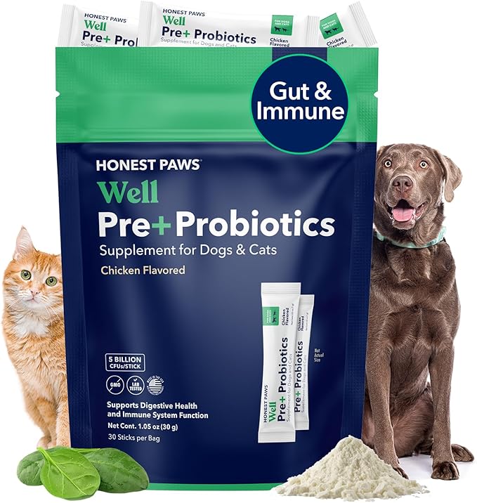 Honest Paws Probiotics for Dogs - Digestive & Immune Support Powder with Prebiotic Made in The USA, Chicken Flavor (30 Sticks)