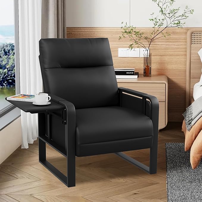 Black PU Leather Accent Chairs Set of 2 with Side Table Modern Upholstered Armchair Leisure Chairs for Living Room Bedroom Office Club Chair