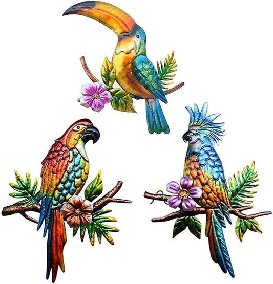 Voumsil 3 PCS Metal Birds Wall Decor Parrot Toucans Tropical Wall Art Outdoor Wall Sculpture for Patio Balcony Garden Fence Wall Decor for Bedroom Living Room Indoor Wall Hanging