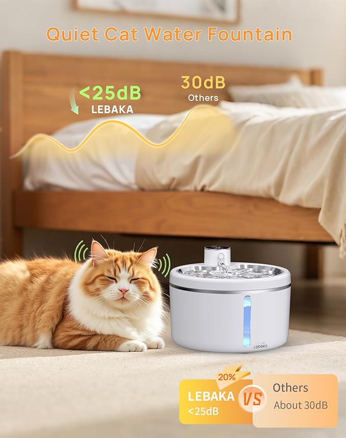 Wireless Cat Water Fountain with Stainless Steel Tray, 102oz/3L Pet Water Fountain for Cats Inside, Cat Fountain for Drinking with Motion Sensor, Ultra Quiet Pump, Cats & Dogs Gifts -2Filters