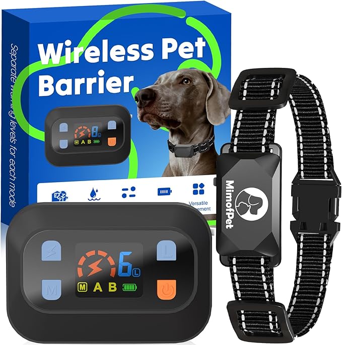 MIMOFPET Wireless Pet Barrier - Outdoor Indoor Pet Barrier Waterproof with Adjustable Range up to 8.2 ft,Adjustable Safe Static Intensity, Rechargeable Color Display Boundary Fence System for Dogs