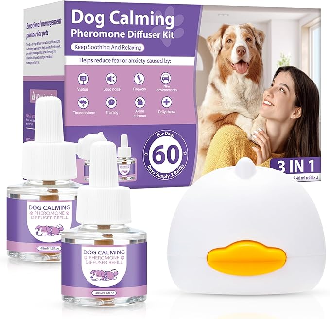Dog Pheromones Calming Diffuser 3 in 1 Advanced Kit Appeasing Pheromone Diffuser to Calm Pet (1 Plug in+2x48ml Refill) for Anxiety Relieve Relief Reduce Aggression Fighting Stress (Lavender)