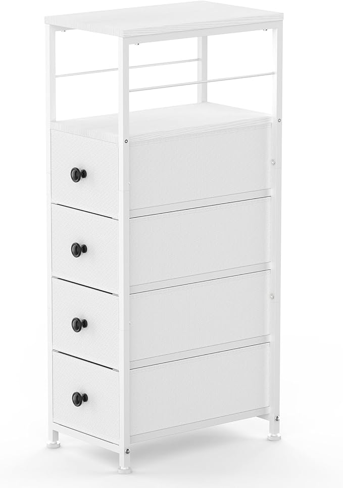 YBING Narrow Dresser for Bedroom, Slim Side Table with Drawer, Dresser Storage Cabinet with 4 Fabric Drawers, Chest of Drawers for Small Space, White