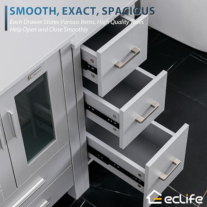 eclife 84" Modern Bathroom Vanity Sink Combo Freestanding Cabinet with Small Side Cabinet, Brown Round Glass Vessel Sink, Water Save Faucet, Drain (Gray+A09)