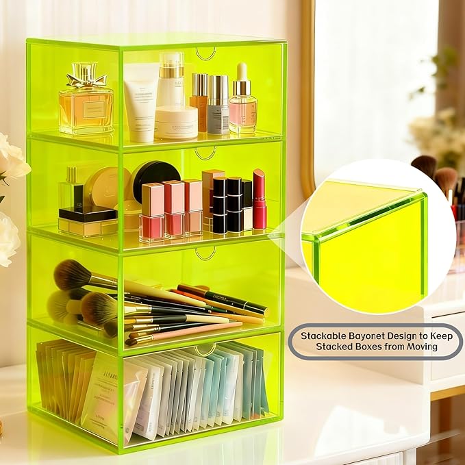 Acrylic Desk Organizer with Drawers Stackable Makeup Organizer for Vanity Office Countertop Cosmetic Display Cases Makeup Storage Box, Neon Green