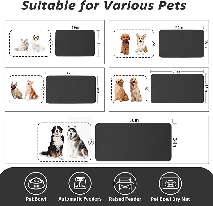 Dog Food Mat - Absorbent Cat Mat for Food and Water, No Stains Pet Feeding Bowl Mat, Easy to Clean Pet Placemats, Quick Dry Dog Water Dispenser Mat for Messy Drinkers | Black 16"x 24"