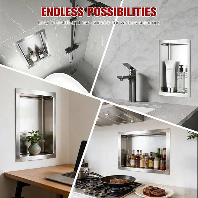 No Tile Needed Shower Niche 13"X 19", Bathroom Wall Niche Single Shelf, Stainless Steel Shower Niche for Bathroom, Kitchens, Balconies