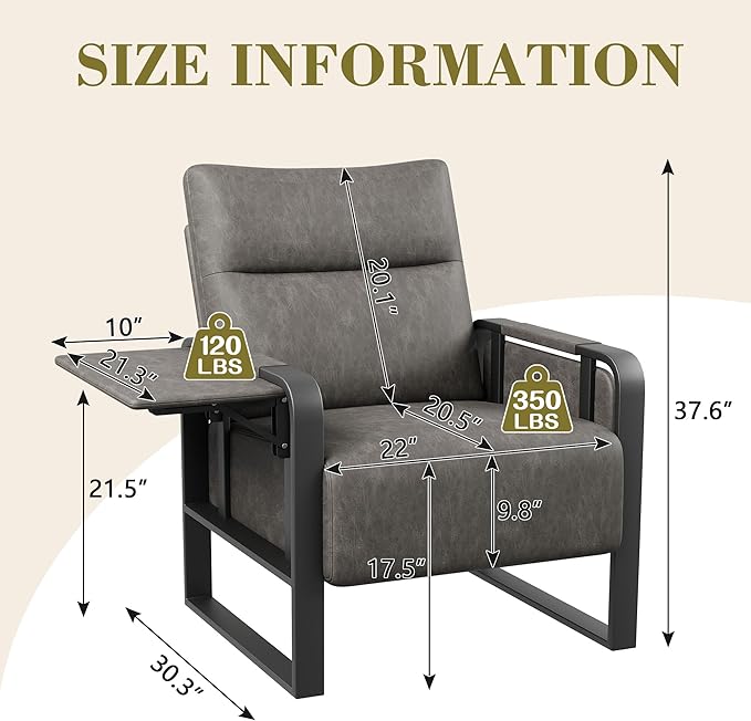 Modern PU Leather Accent Chairs Set of 2 Upholstered Armchairs with Tray Table Leisure Side Chairs for Living Room Bedroom Office Grey