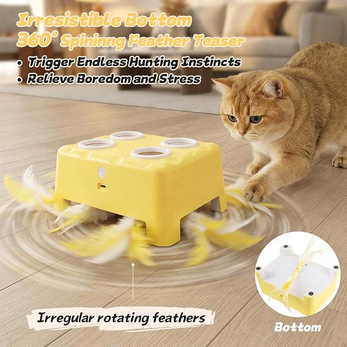2-in-1 Cheese Box Shaped Interactive Cat Toys for Indoor Cats – 4-Hole Mole & Rotating Feather | USB Rechargeable Electronic Cat Toy for Bored Indoor Adult Cats & Kittens, Cat Whack a Mole Toy, Yellow