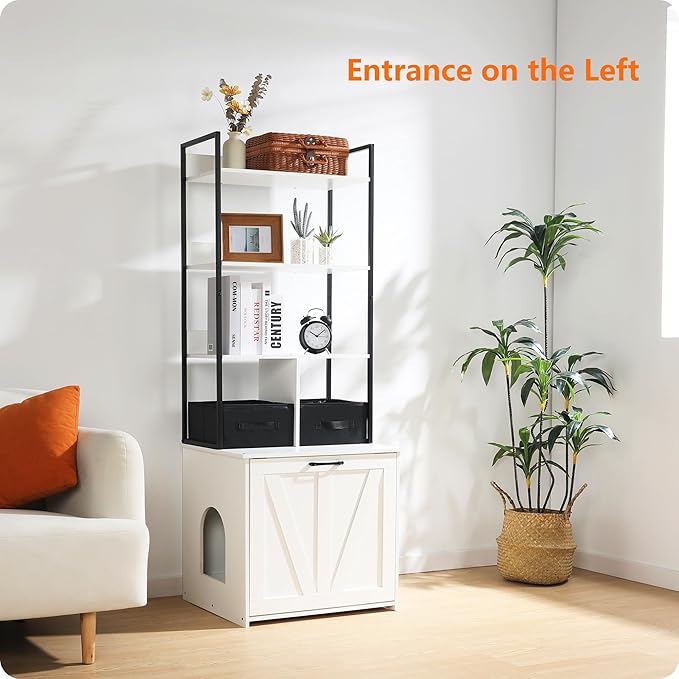 DWANTON Litter Box Enclosure with 3 Storage Shelves and 2 Drawers, 2-in-1 Hidden Cat Litter Box Enclosure Furniture with Shelf, Reversible Entrance, Washable Drawers, 61.8-Inch, White