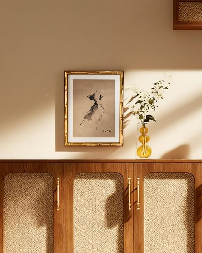HUARCEY Dog Silhouette Mid Century Modern Abstract Wall Art 11x14 Inch, Gold Framed Minimalist Animal Figure Sketch Canvas Artwork, Classic Elegant Line Art Living Room Bedroom Home Decor