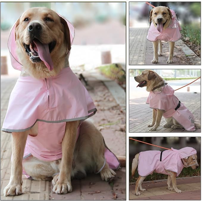 Waterproof Dog Raincoat, Reflective Adjustable Hooded Dog Rain Coat, Lightweight Breathable Pet Rain Jacket Poncho Double Layer with Leash Hole for Small Medium Large Dogs (Pink, Small)