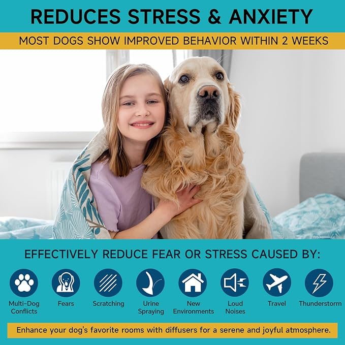 Dog Calming Diffuser - Dog Pheromones Calming Diffuser for Dog Anxiety Relief 6-in-1 Dog Pheromone Diffuser Kit with 2 Diffuser + 4 Refill 48ml Vial - 120 Days Pheromone Diffuser to Calm Dogs