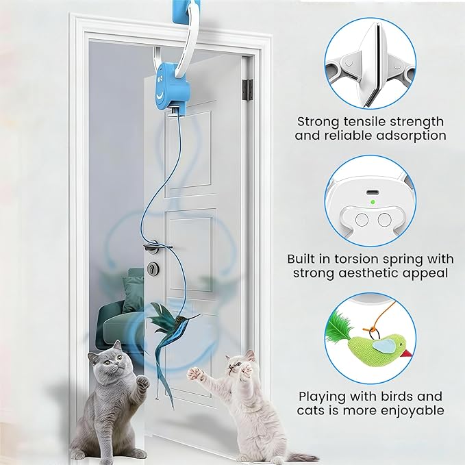 Interactive Cat Toys for Indoor Cats, Automatic Hanging Feather Cat Toy with Realistic Fluttering & Quiet Motor, USB Rechargeable Door Mounted Feather Wand for Bored Kittens & Adult Cats (White)