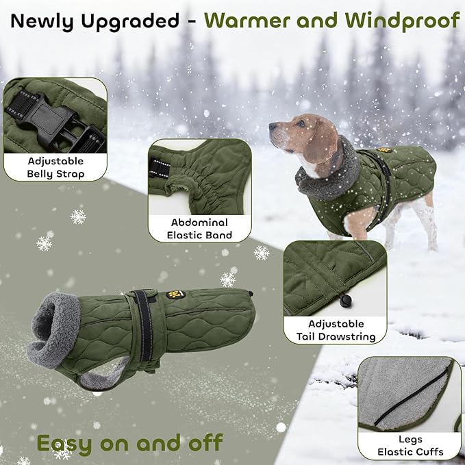 Dog Winter Coat, Adjustable Quilted Dog Snow Jacket with Fleece Lining, Water Resistant Pet Apparel for Cold Weather, Warm Large Doggie Coat with Leash Hole and Reflective Strip, NewGreen L