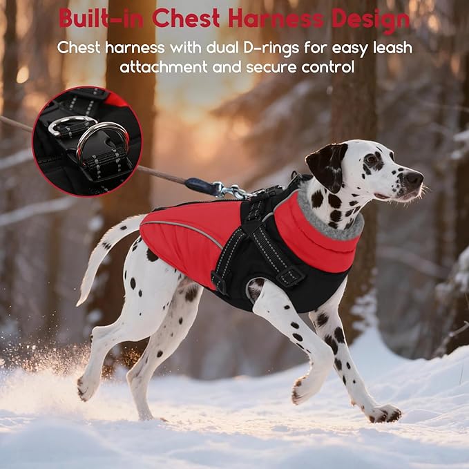 ASENKU Reflective Dog Coat with Built-in Harness, Windproof Fleece-Lined Dog Jacket for Small, Medium, Large Dogs, Warm Winter Vest with Turtleneck & Zipper (Red S)