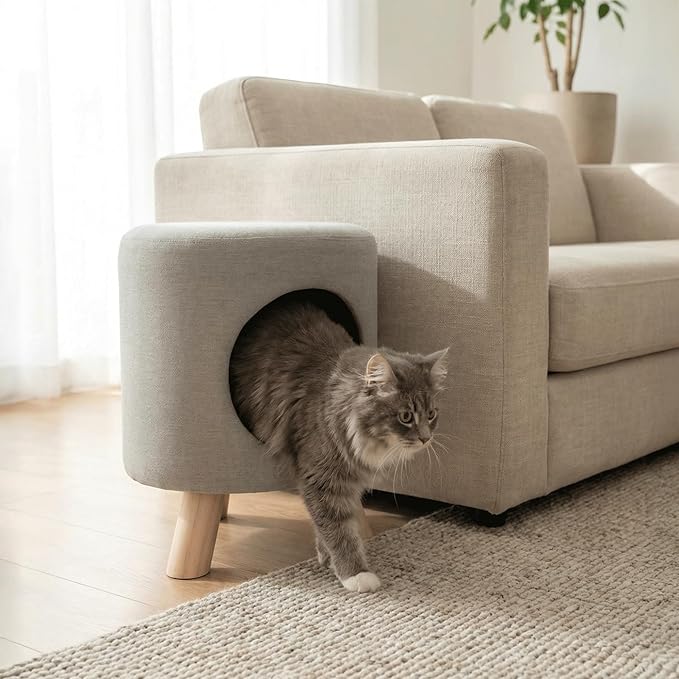 4 Cats & Dogs Wallie Stool - Plush Polyester Pet Stool with Wooden Legs, Cozy Hideaway for Cats & Small Dogs, Multipurpose Footstool & Seat, Modern Minimalist Design for Home & Office - Light Grey