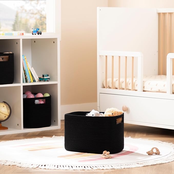 UBBCARE 2 Pack Storage Baskets for Organizing, Shelf Baskets with Handles, Woven Storage Baskets for Bookcase/Cube Shelf/Closet, 14.5"L x 9.8"W x 9"H, Black