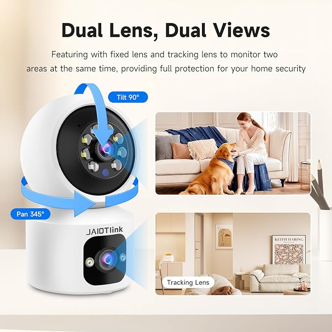 Indoor Pet Security Camera for Dog Cat, 360° Pan Tilt Baby Monitor, 2.5k Dual-Lens WiFi Camera with Phone App, 2.4G/5G WiFi, AI Human & Pet Detection,Compatible with Alexa