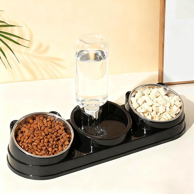 Elevated Cat Bowl Set, 15° Raised Cat Food and Water Bowl with Dispenser, Pet Dishes for Indoor Cats, Small Medium Dogs & Rabbit Feeding, Anti-Vomiting, Slow Feeder (Black)