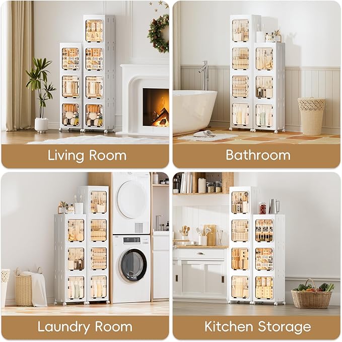 JEKO&JEKO 195 Qt Narrow Bathroom Storage Cabinet, 4-Tier Slim Tall Cabinet Organizer with Wheels, Foldable Plastic Storage Bin for Small Spaces, White