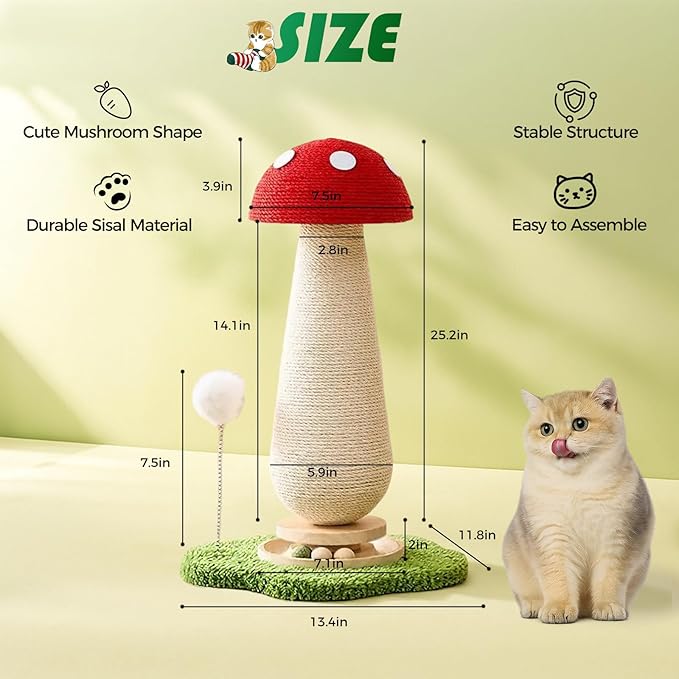 Mushroom Cat Scratching Post, Cat Scratcher with Interactive Ball Track & Spring Ball Toys, Sisal Scratcher for Indoor Cats Kittens, Stable Base, Kitty Tree Tower - Red 25.2''