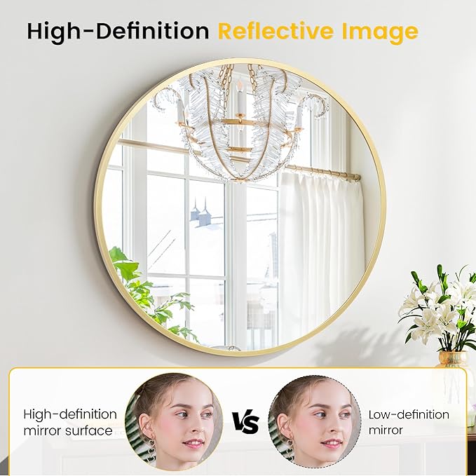 30 in Round Mirror for Wall, Gold Metal Frame Circle Mirror, Round Bathroom Mirror for Wall Decor, Mirror for Entryway, Vanity, Bedroom, Easy to Install