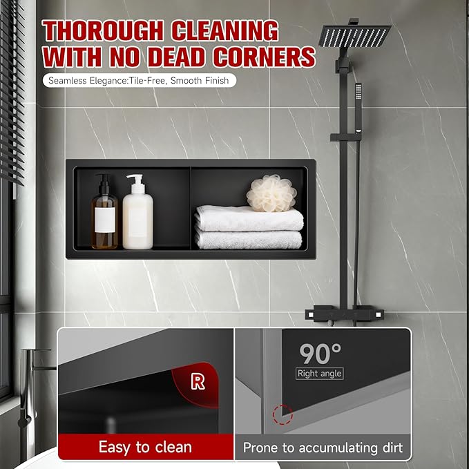 No Tile Needed Shower Niche 9"X 25", Bathroom Wall Niche Double Shelves, Stainless Steel Shower Niche for Bathroom, Kitchens, Balconies