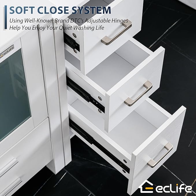 eclife 84" Modern Bathroom Vanity Sink Combo Freestanding Cabinet with Small Side Cabinet, White Square Ceramic Vessel Sink, Water Save Faucet, Drain (White+A07)