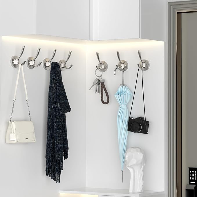 ZUONAI Brushed Nickel Towel Hooks for Bathrooms Wall Mounted 4 Pack Brushed Nickel Coat Hooks Heavy Duty Towel Wall Hooks for Coats Robes Hats Bath Entryway Cubicle Kitchen