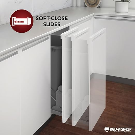 Rev-A-Shelf Pullout Trash Can for Under Kitchen Cabinets 35 Qt. 8.75 Gallon with Soft-Close Slides and Rear Storage, Orion Gray, 53WC-1535SCDM-113