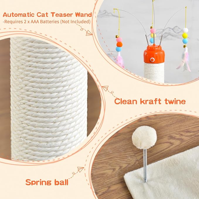 Cat Scratching Post ，33.4" Sisal Rope Cat Scratcher Tall Scratching Post for Indoor Cats with Interactive Cat Toys Automatic Teaser Wand and Rotating Hanging Balls