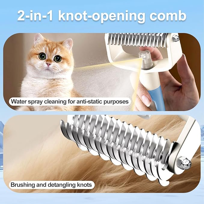 2-in-1 Spray Undercoat Brush & Fur Removal Gloves Combo Set - White - Dematting, Deshedding Grooming Tool with Water Spray Function for Dogs and Cats - Easy Fur Removal & Shed Control
