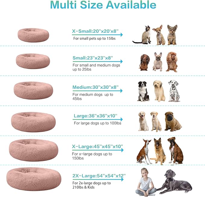 SAVFOX 20 inches Calming Donut Dog Bed - 3X Durable Plush Faux Fur, Machine Washable & Non-Slip, Fits up to 15 lbs, Pink