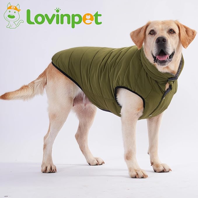 LovinPet Reversible Dog Puffer Coat for Medium & Large Dogs, Down‑Insulated Winter Jacket, Water‑Resistant & Wind‑Resistant, Anti‑Static, Dual-Sided Dark Green & Grey for Cold Weather,XL