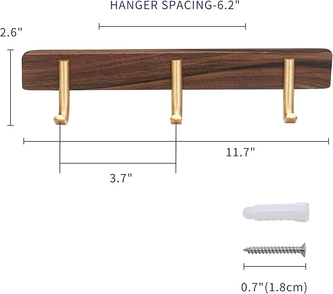 SARIHOSY] Wall Mounted Coat Rack,Multi Hook Hangers,Entryway Hanging Coat Rack,Metal Wood Coat Rail with 3 Hooks，Walnut Wood,zinc Alloy,Bedroom,Bathroom,Foyer,Living Room,Metal Household Items